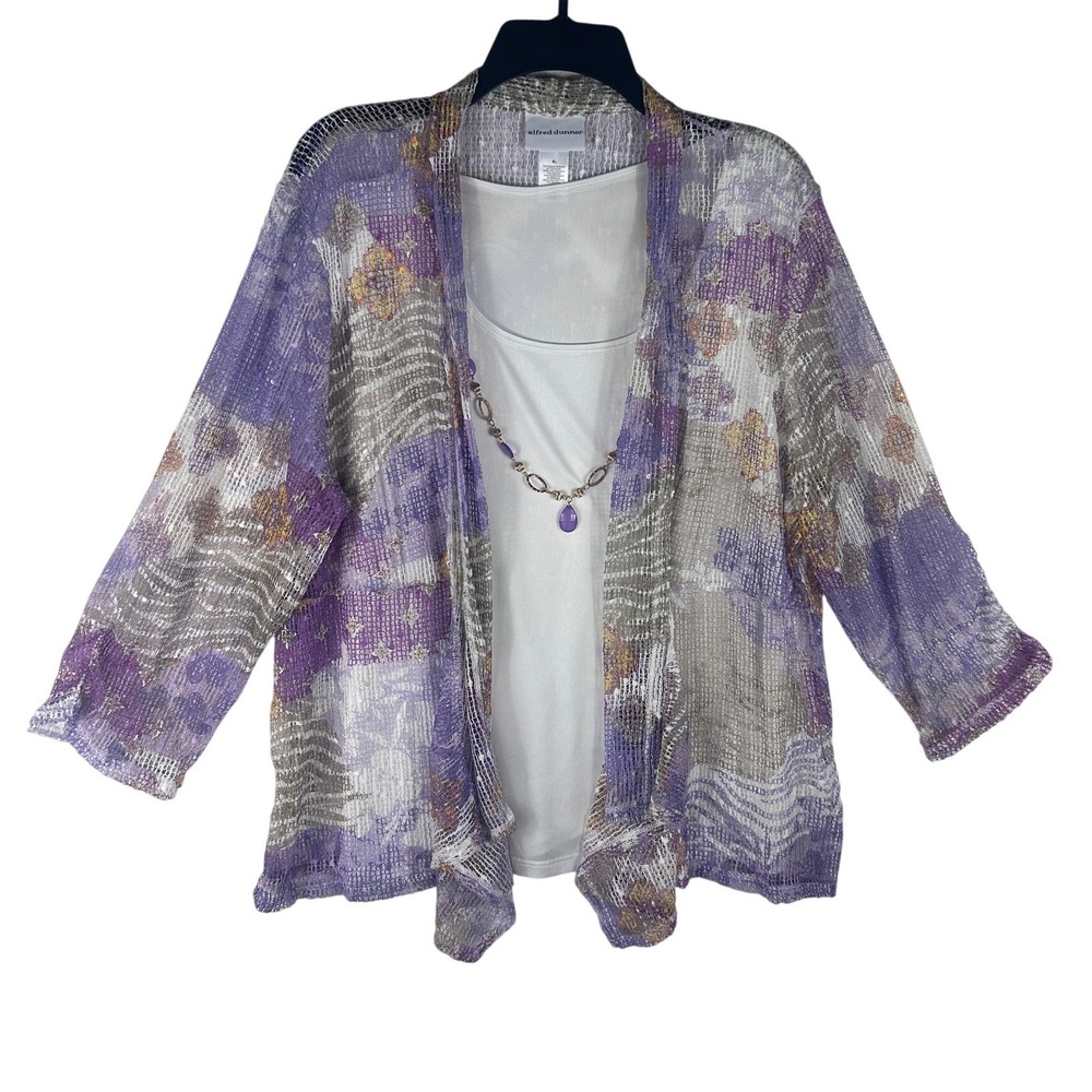 Alfred Dunner Garden Party‎ Purple Floral Mesh Cardigan Tank Set Necklace XL NEW